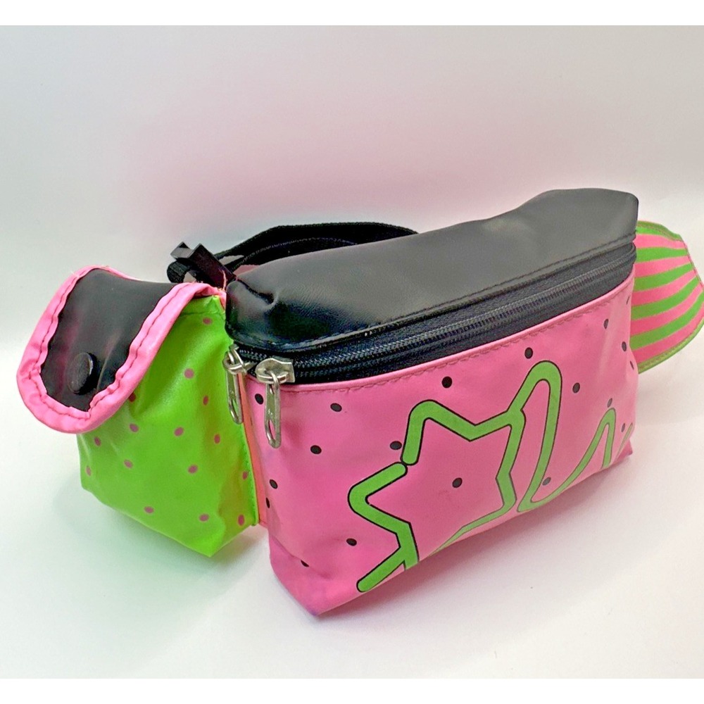 Vintage 1990s Girls Neon Pink Green Star Belt Bag Fanny Pack Youth Kids CDI